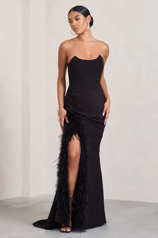 Exclusive Fashion Deals Say Yes | Black Corset Maxi Dress With Split Feather Skirt Tropical Island - Inspired Attire