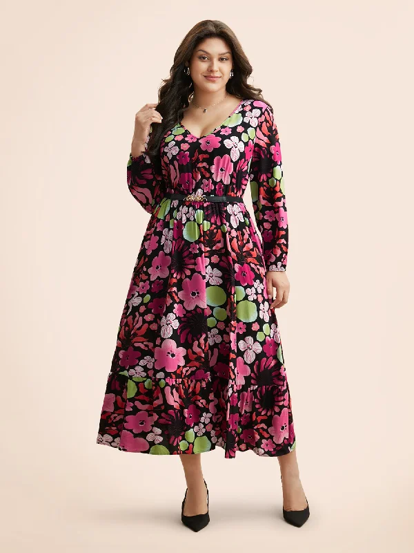 Sale Event, Prices Rock Floral V Neck Lantern Sleeve Dress Effortless Sophistication