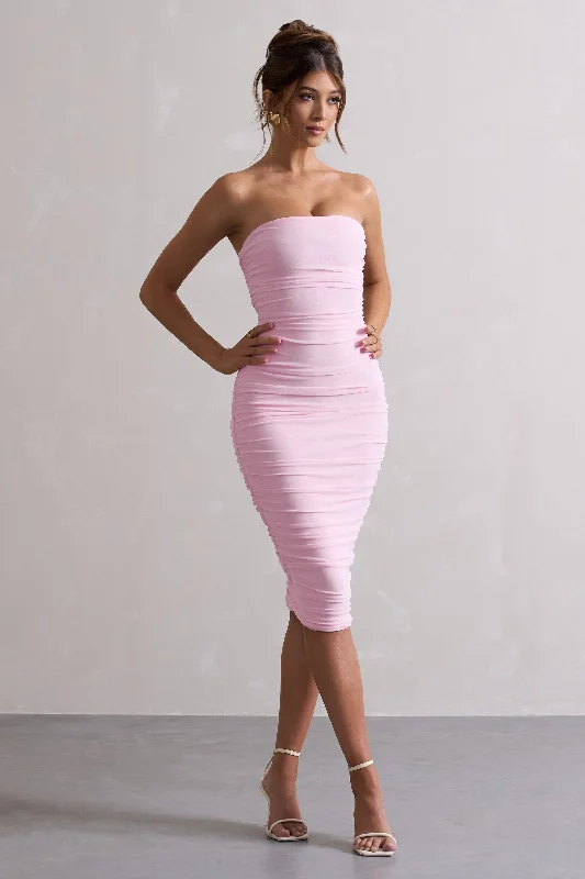 Elegant Style My Girl | Pink Strapless Bodycon Ruched Mesh Midi Dress Luxe Layering