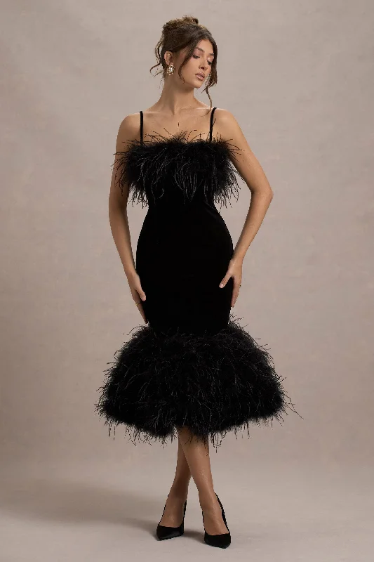 Exclusive Sale Kalena | Black Velvet Feather Trim Midi Dress Limited - Edition Drops