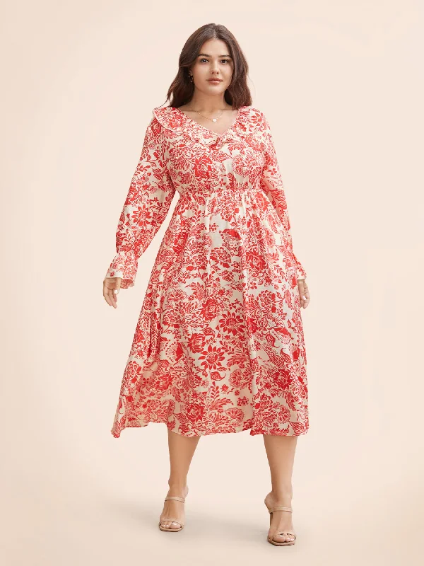 Classic Chic Deals Floral Lantern Sleeve Ruffle Trim Dress Fashion-Forward Style