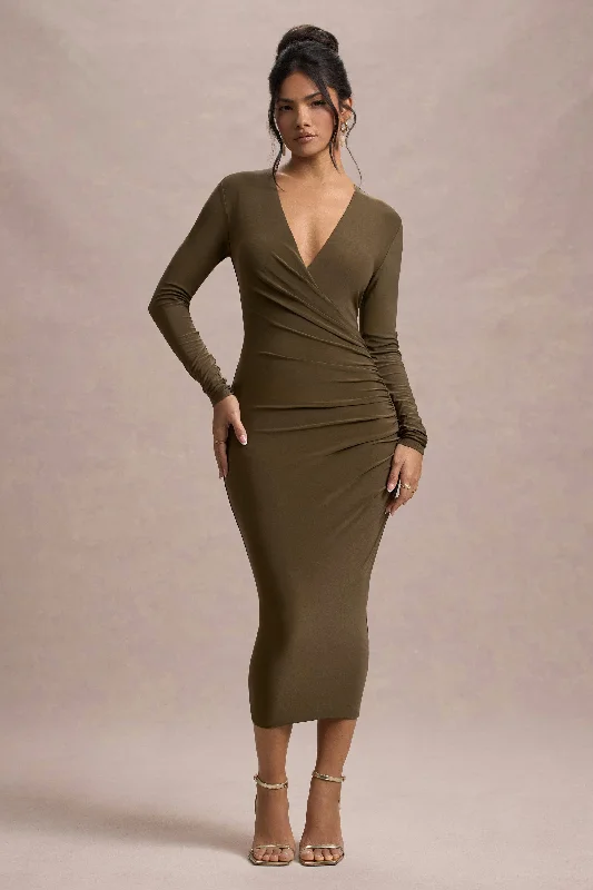 Stylish Statements Marcia | Khaki Bodycon Plunge-Neck Midi Dress Luxury Style