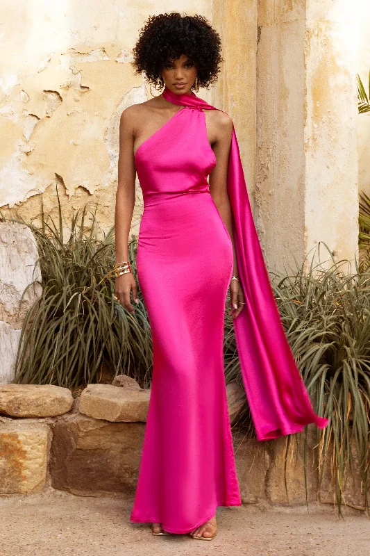 Affordable Trendy Fashion Mademoiselle | Hot Pink Asymmetric Scarf Neck Backless Maxi Dress Casual Weekend Relaxed Style