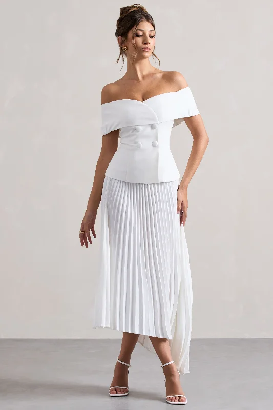 Chic Style, Always In Vogue Hattie | White Bardot Tailored Midi Dress With Plisse Skirt Casual Chic