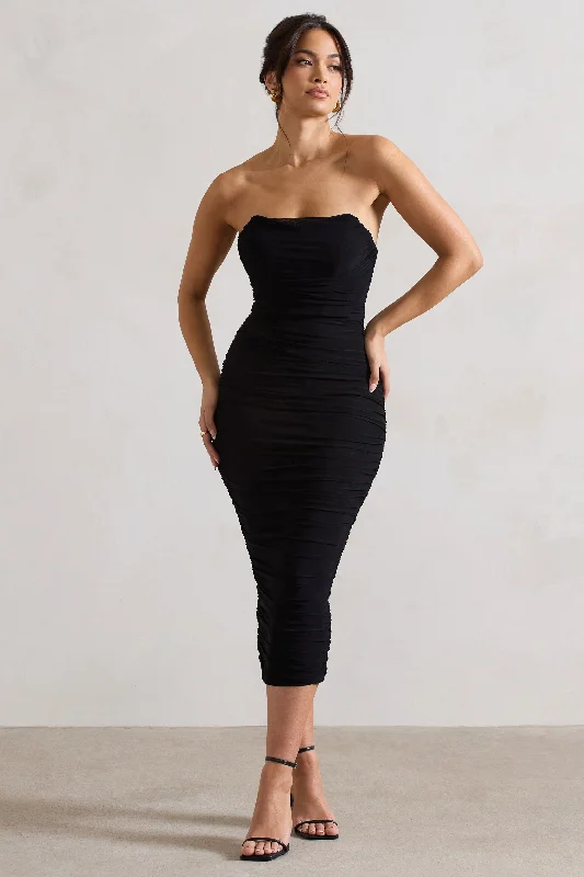 Seasonal Trends Nylah | Black Ruched Corset Bodycon Midi Dress Contemporary Elegance