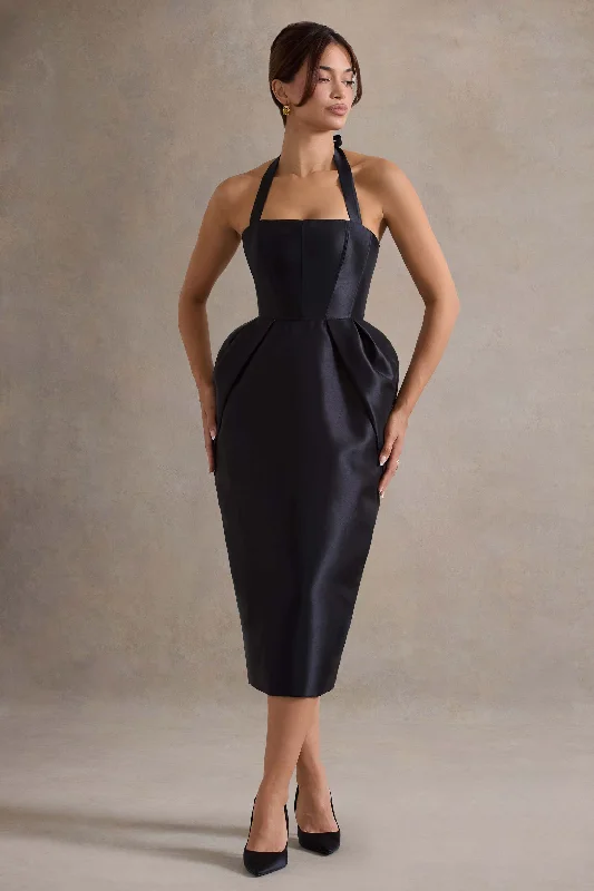 Laid-Back Fashion Offers Cosetta | Black Halter-Neck Midi Dress With Tulip Skirt Effortless Style