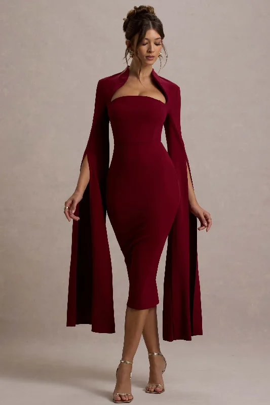 Latest Fashion Linden | Berry Bodycon Cape-Sleeve Midi Dress Vintage Retro Party Wear