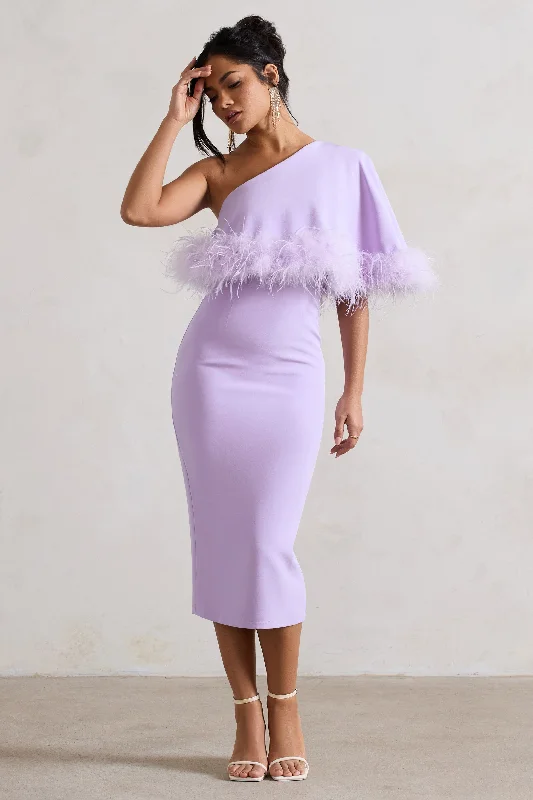 Stylish Statements Victory | Lilac One Shoulder Midi Dress With Feather Trim Weekend Special