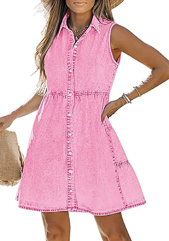 Unbeatable Prices Aurora Pink Denim Dress for Women Sleeveless Babydoll Button Down Short Jean Dresses Cute Summer Coastal Beach - Inspired Style