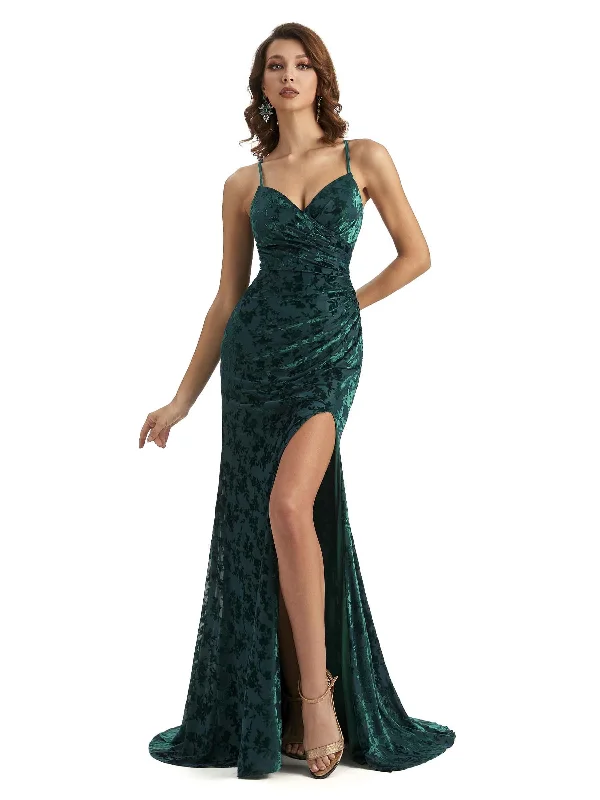 Chic Trends Unveiled Sexy Side Slit Spaghetti Straps Mermaid Floral Velvet Long Wedding Guest Dresses Sleek Design