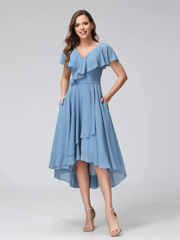 Boutique Styles A-Line V-Neck Short Sleeves Asymmetrical Chiffon Bridesmaid Dresses With Pockets Elegant Attire