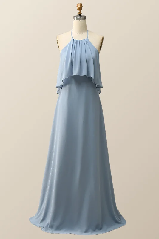 Sporty Fashion Offers Halter Misty Blue Ruffle Chiffon Long Bridesmaid Dress Elegant Ensemble