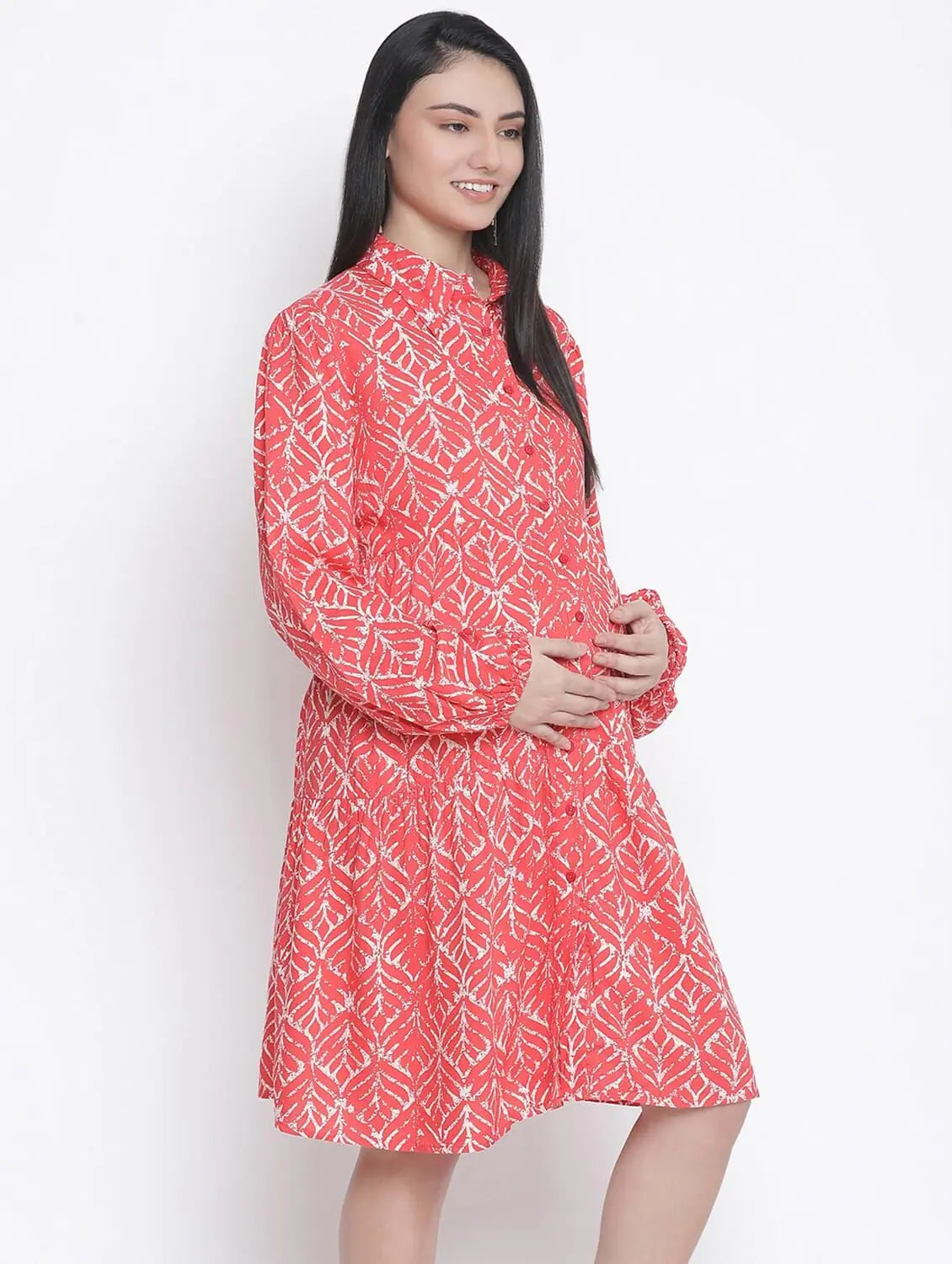 Fashion Forward, Function First Crimson Red Printed Maternity Dress Vintage Look