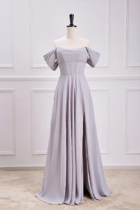 The Latest Trends Grey Off-Shoulder A-line Long Bridesmaid Dress with Slit Lightweight Fabric