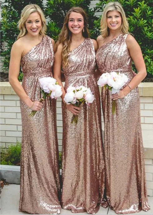 Elevated Casual Discounts Sparkly One shoulder Long Sequins Bridesmaid Dresses Rose Gold Wedding Guest Dress Parisian Effortless Chic Style