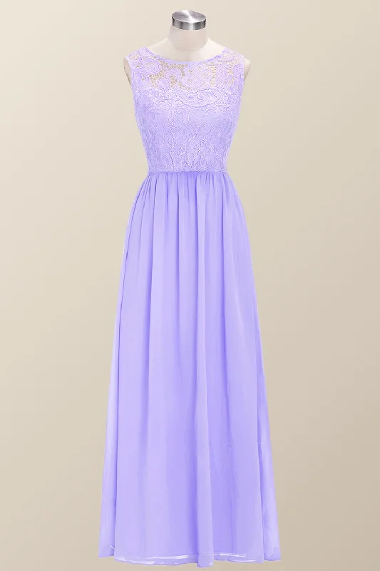 Contemporary Fashion Sale Scoop Lavender Lace and Chiffon Long Bridesmaid Dress Polished Finish