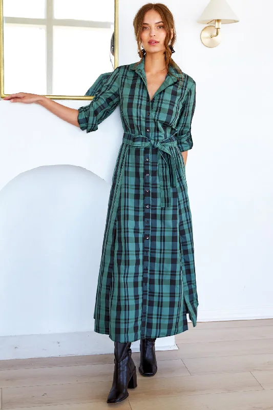 Fashionista Sale Laine Shirt Dress Emerald Green Christmas Plaid Dreamy Draping