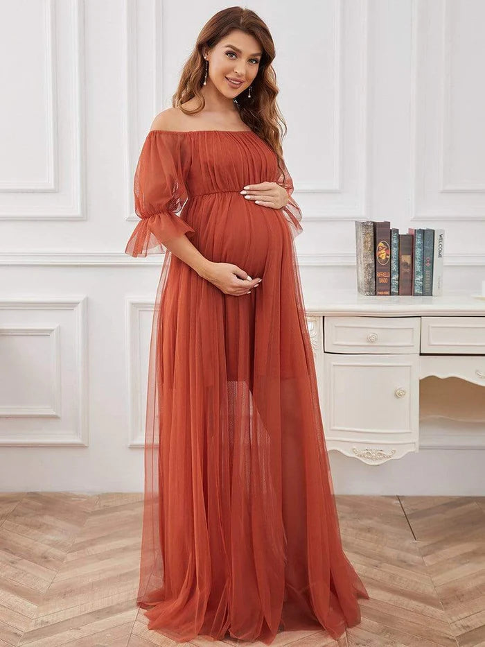 Urban Fashion Sheer Off-Shoulder Double Skirt Maxi Maternity Dress Floral Style