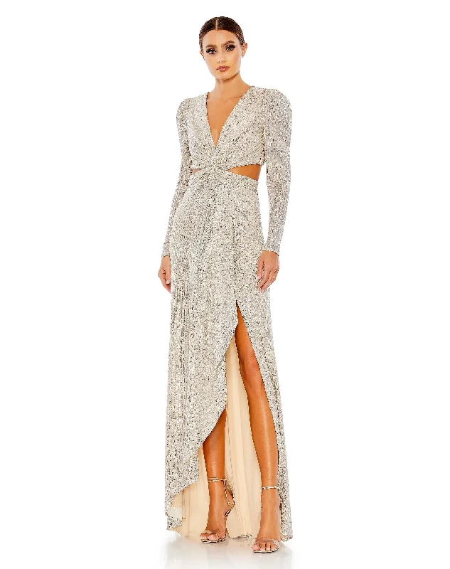 The Good Stuff Sequined Criss Cross Long Sleeve Gown Effortless Grace