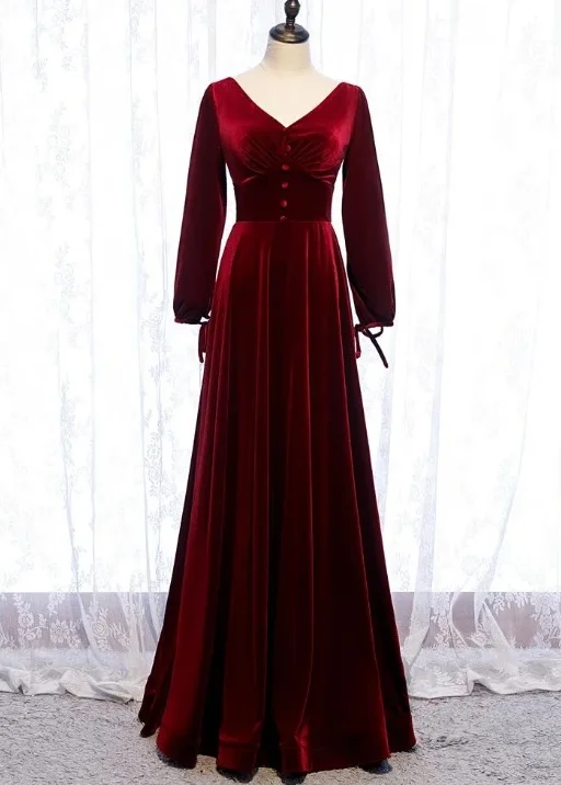 Flash Sale Charming Dark Red Velvet Long Sleeves A-Line Party Dress Party prom Dress    cg12376 Classic Appeal