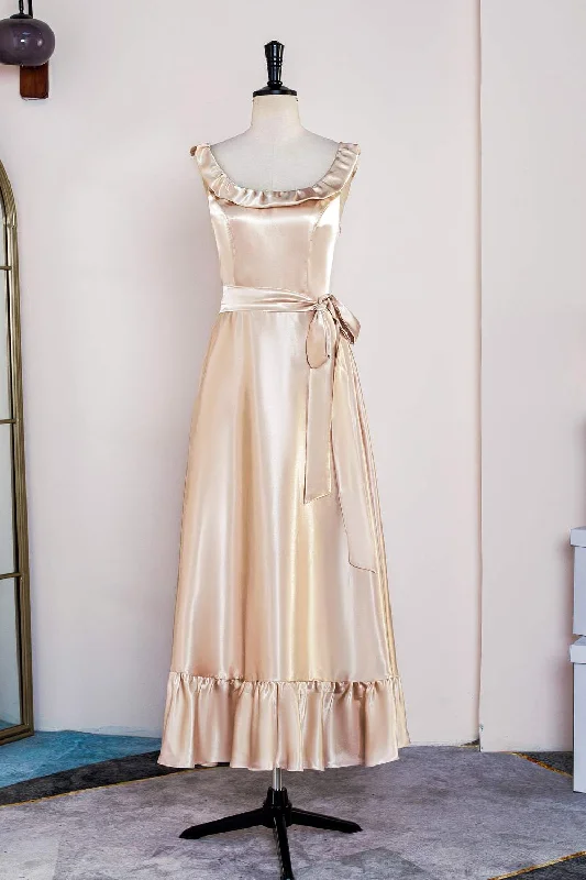 Chic And Edgy Champagne Sleeveless Ruffled A-line Tea-Length Bridesmaid Dress with Sash Graceful Movement