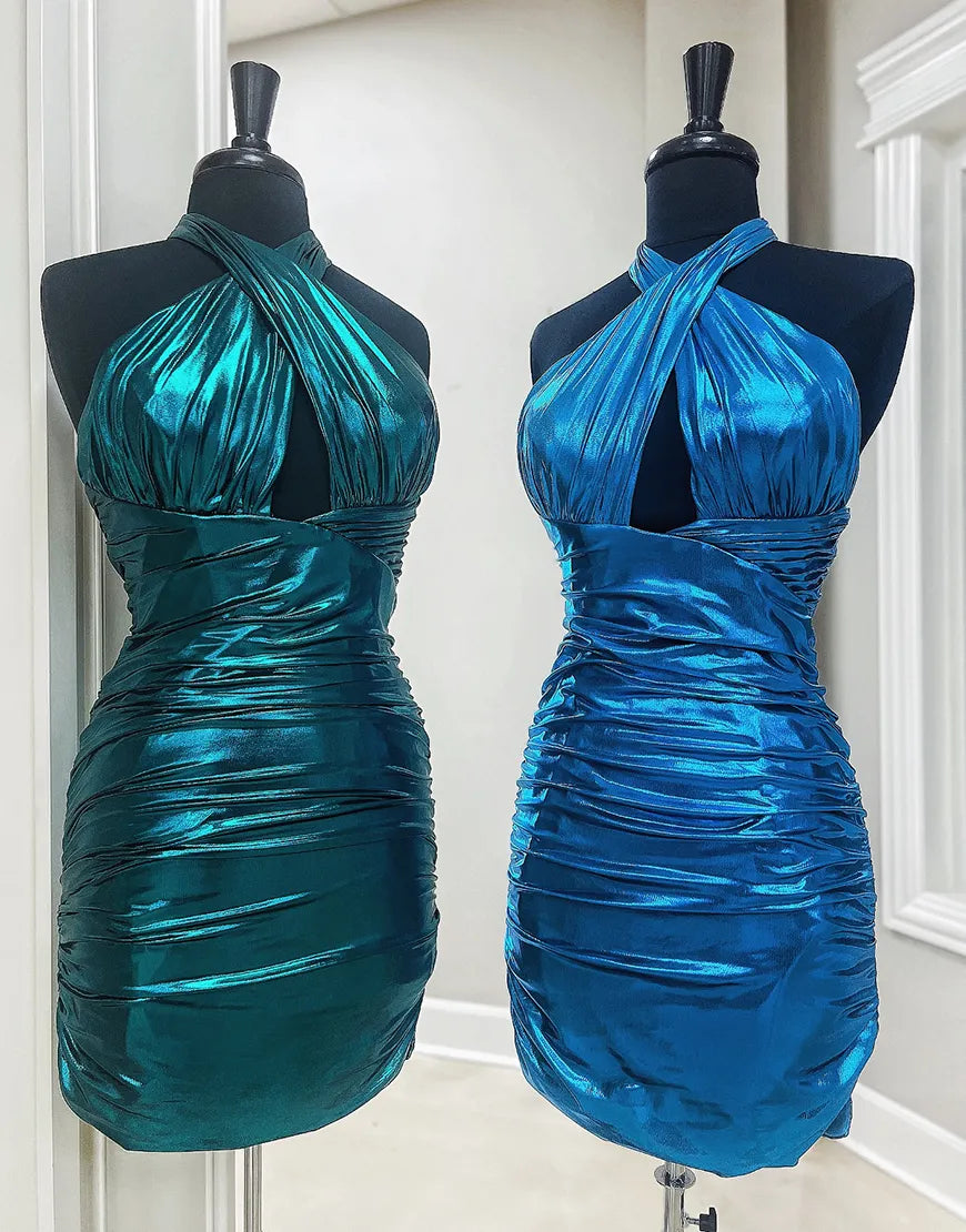 Style Breakthroughs Metallic Emerald Green Halter Tight Satin Homecoming Dress Contemporary Chic