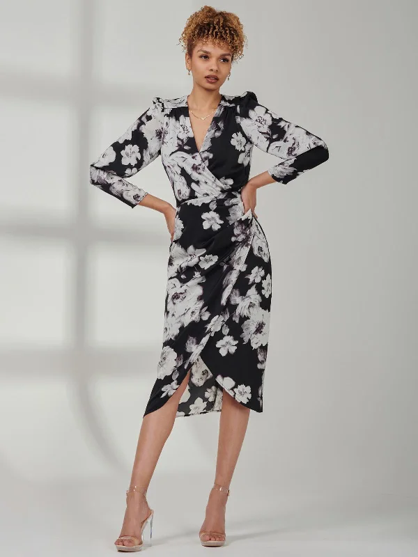 Fashion Sale Print Satin Wrap Bodycon Dress, Black Floral Playful Elegance