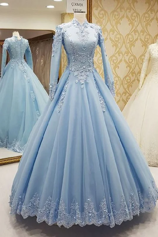 Hot Deals Blue tulle high neck customize formal evening dress with long sleeves cg849 Dreamy Aesthetic