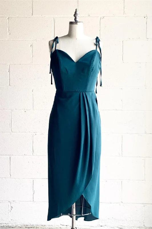 Fashion Forward Femininity Turquoise Tie Straps Draped Midi Bridesmaid Dress Limited - Stock