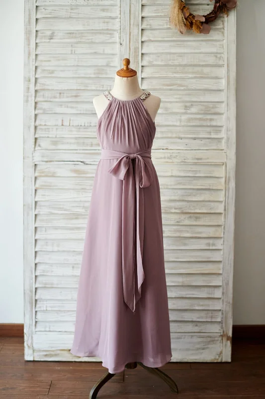 Chic And Edgy Beaded Mauve Chiffon Floor Length Wedding Junior Bridesmaid Dress Bohemian Vibe