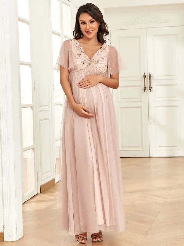 Discover Now Deep V Neck See Through Ruffles Sleeves Wholesale Maternity Dresses Flowy Fabric