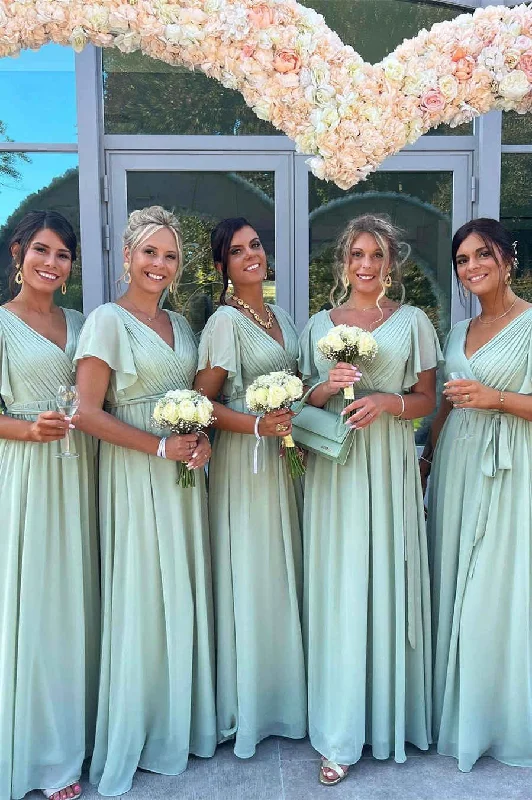 Unbeatable Deals Roycebridal Cheap V-Neck Sage Green Bridesmaid Dress UK Pleated Chiffon Party Dress Tropical Island - Inspired Attire