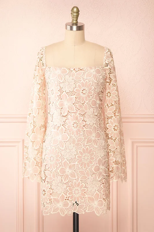 Chic Style, Always In Vogue Marie-Liesse | Short Pink Open-Work Lace Dress Contemporary Elegance