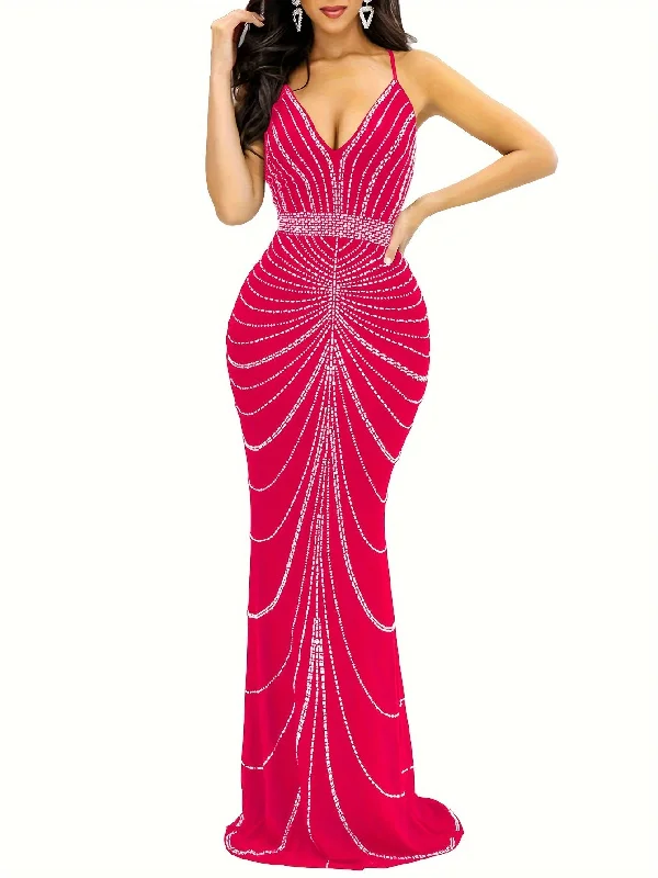 Chic Style, Always In Vogue Elegant Backless Bodycon Dress - Rhinestone Accented Spaghetti Strap, Extra-Long Polyester Blend for Spring/Summer Chic Dreamy Aesthetic