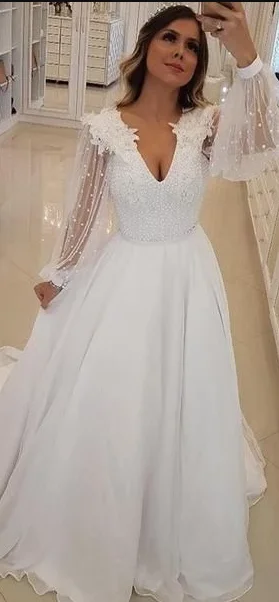 Feminine Luxe Style Sale White Chiffon Beading Sheer Long Sleeve A-line Prom Dresses cg4884 Casual Weekend Relaxed Style