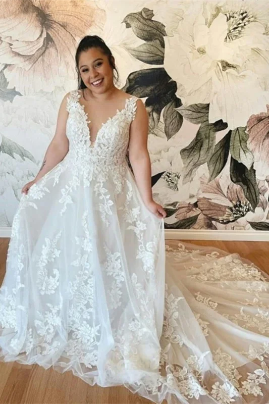 Massive Savings V-neck Lace Tulle Wedding Dresses, Bridal Gown With Bones, Backless Wedding Dresses, Long Train Bridal Gown Playful Elegance