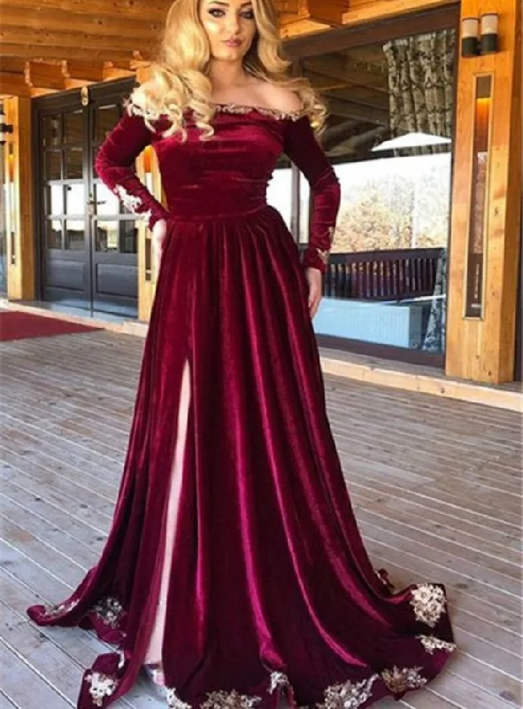 Fashionable Comfort Promotions Mermaid Velvet Off the Shoulder Long Sleeve Prom Dress   cg12862 Feminine Allure