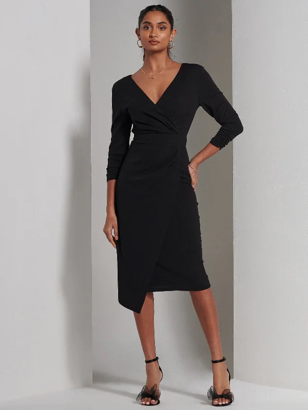 Budget-Friendly Fashion Violetta 3/4 Sleeve Bodycon Dress, Black Classic Timeless Elegant Style