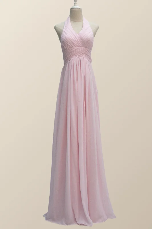 Timeless Elegance Sale Halter Pink Chiffon A-line Long Bridesmaid Dress Casual Elegance