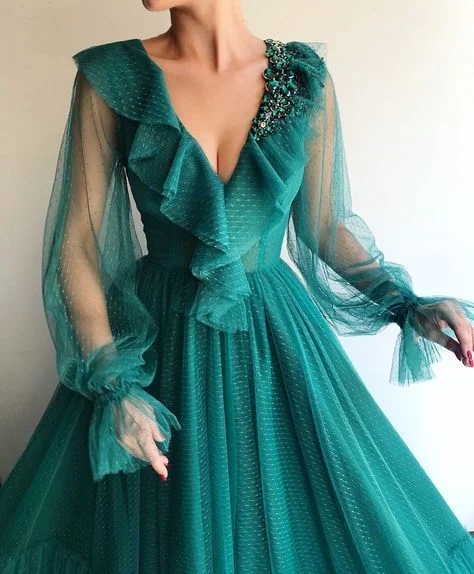 Timeless Elegance Sale Hunter green v neck tulle with beading prom dresses,Floor length tulle with long sleeves evening dresses cg5583 Bold Patterns