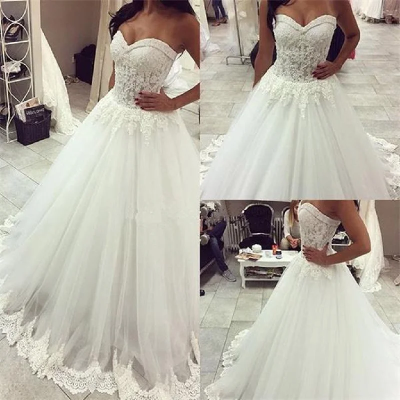 Seasonal Style Discounts Long A-line Sweetheart Lace Top Tulle Bridal Gown, Wedding Party Dresses, WD0021 Sleek Design