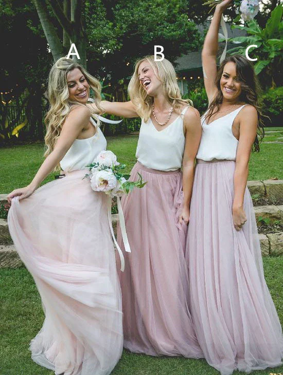 Sleek Style Discounts Gorgeous Two Piece Pink Tulle Long Bridesmaid Dress with White Top Feminine Grace