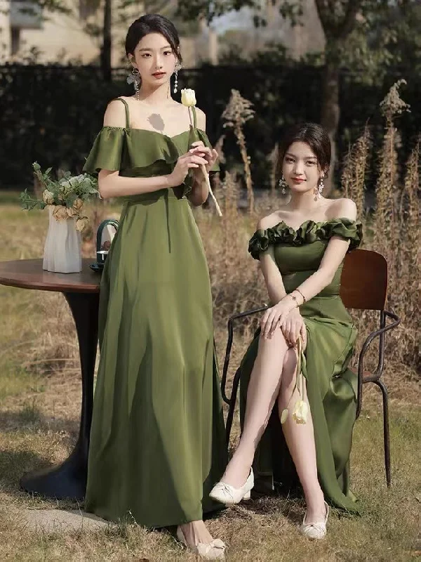 Sophisticated Fashion Off Shoulder Prom Dress, Luxury Satin Party Dress, Green Bridesmaid Dress Timeless Elegant