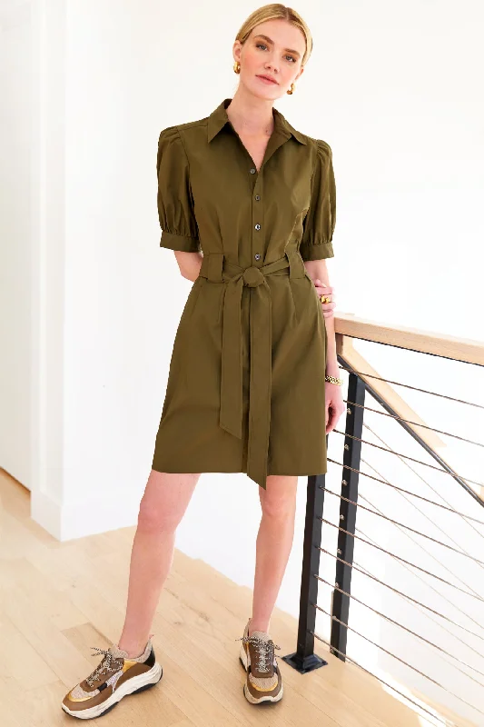 Exclusive Designer Style Deals Piper Tie Front Shirt Dress Olive Green Weathercloth Feminine Soft - Hued Look