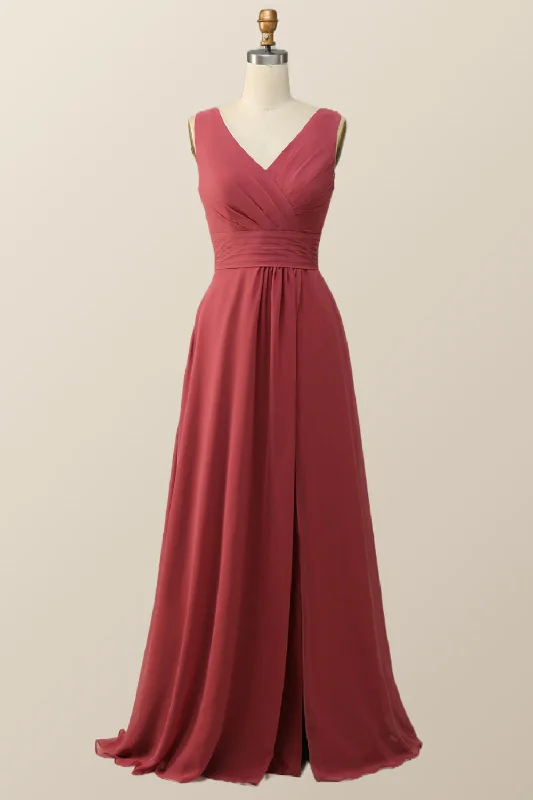 Casual Chic Deals Pleated Terracotta Empire Chiffon Long Bridesmaid Dress Vintage Look