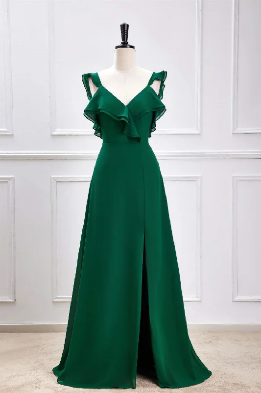 Absurdly Cheap Sale Green Flutter Sleeves Ruffled A-line Long Bridesmaid Dress with Slit Vintage Elegance