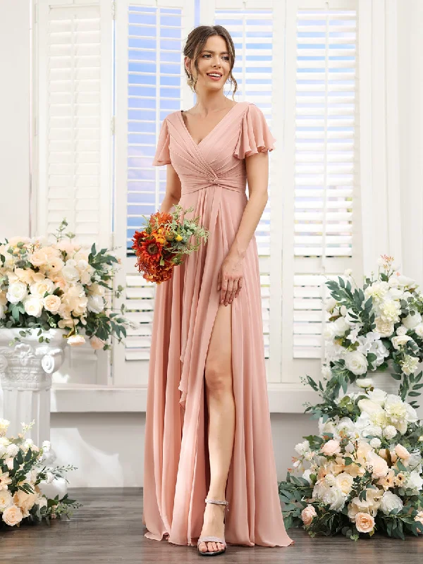 Big Savings A-Line V-Neck Short Sleeves Split Side Chiffon Bridesmaid Dresses Final Clearance