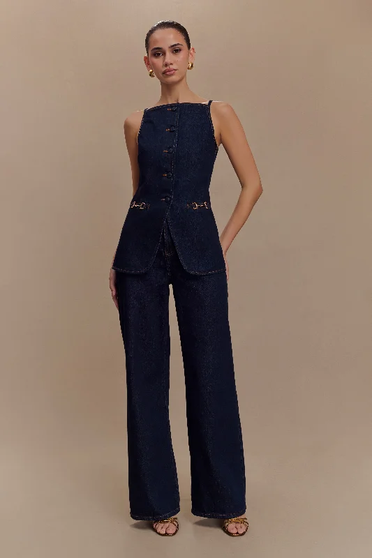 Best-Sellers Ashton Sleeveless Button Denim Top - Indigo Blue Vintage Elegance