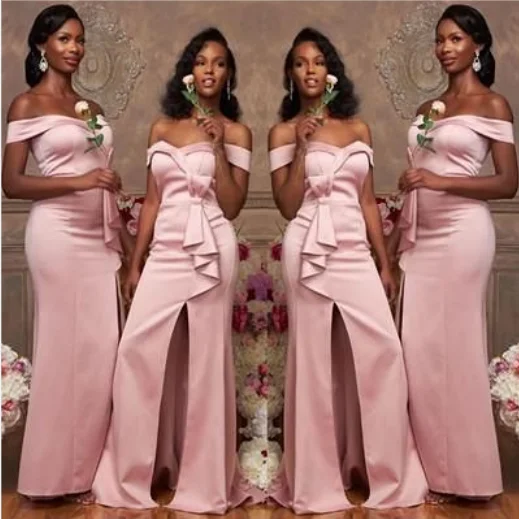 Laid-Back Fashion Offers Off the Shoulder Pink Satin Bridesmaid Dresses Long Wedding Guest Dress Flowing Silhouette