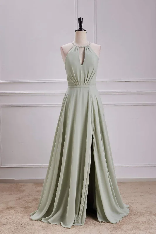 You'Ll Love Us Because Dusty Sage Keyhole A-line Halter Long Bridesmaid Dress with Slit Luxe Layering